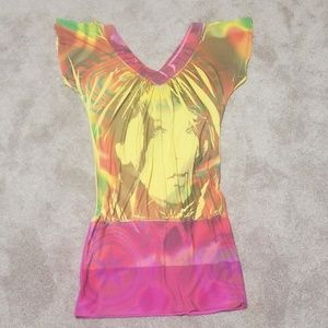 Yellow and multicolored V-neck face print dress